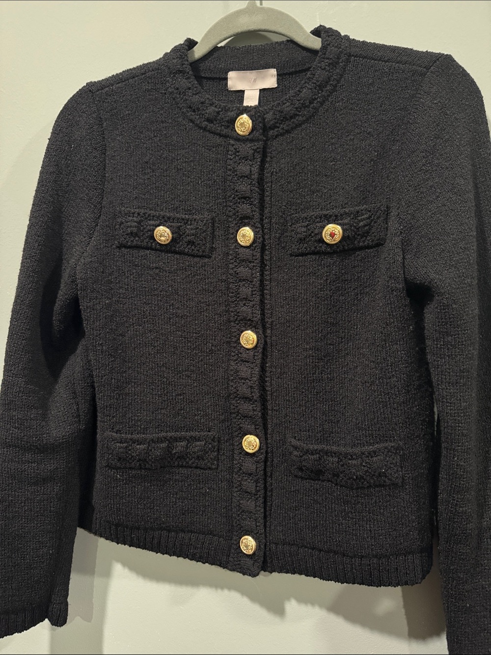 H&M Black Textured Knit Cardigan with Gold Buttons